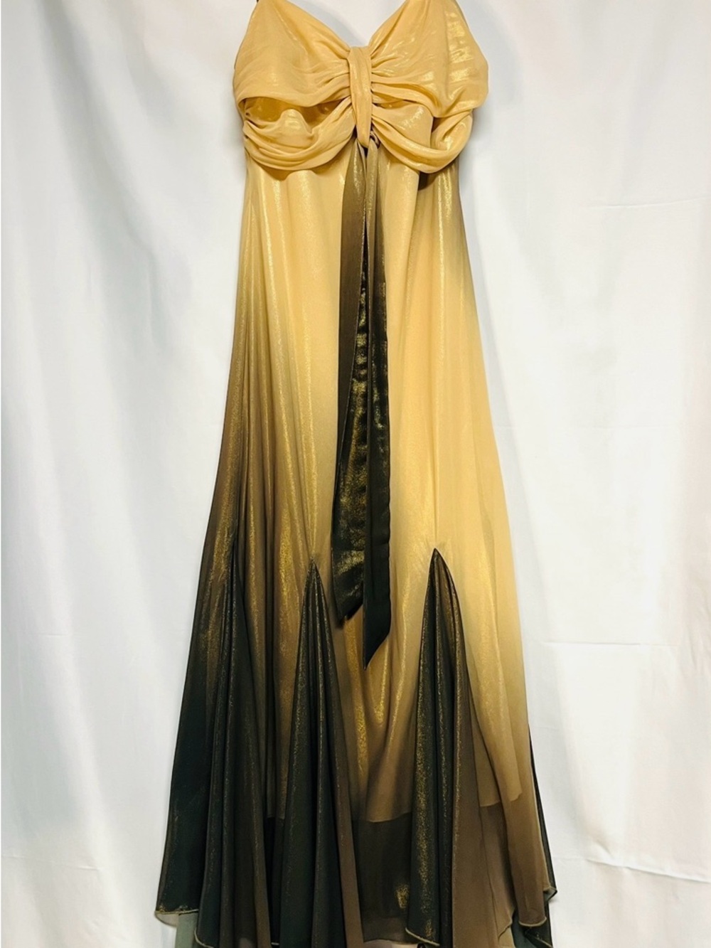 S.L. Fashions Shimmery Metallic Chiffon Knot-Front Evening Dress - Picture 2 of 7